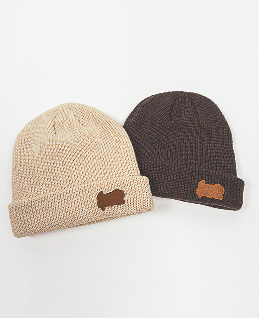 Leather Patch Waffle Beanie